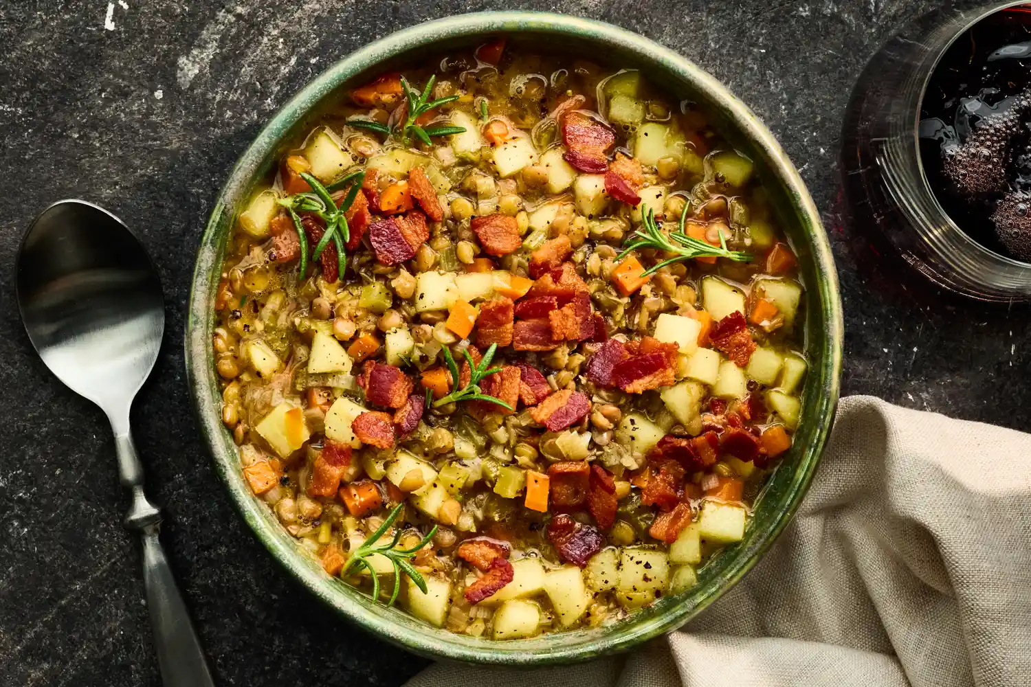 Apple-Infused Lentil Soup with Crispy Bacon